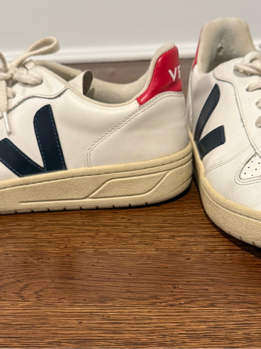 Veja White Sneakers with Navy V and Red Heel Tab
